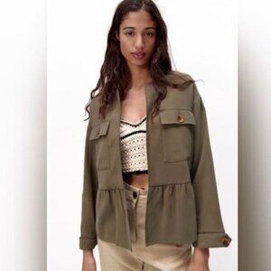 NWT ZARA Viscose Blend Ruffle Peplum Army Green‎ Jacket Open Front 4968/068/M